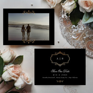 black white classic photo gold monogram wedding save the date