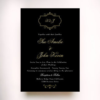 black white classic real gold monogram wedding foil invitation