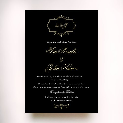 black white classic real gold monogram wedding foil invitation