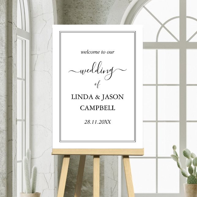 Black & White Classic Script Wedding Welcome Sign (Black and white script welcome sign greets guests with timeless style at weddings.)
