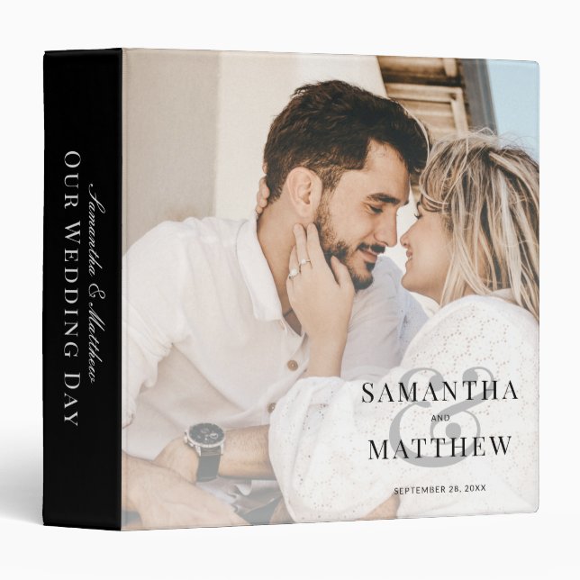 Black & White Classic Simple Minimalist Wedding 3 Ring Binder (Front/Spine)