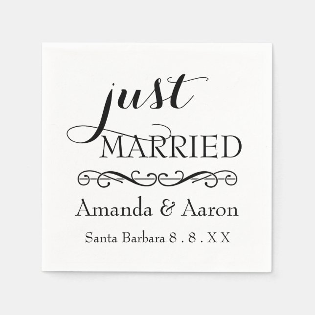 Black White Classic Wedding Just Married Napkins (Front)