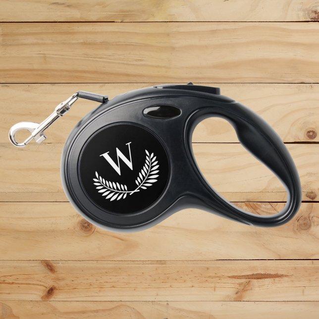 Black white classic wreath monogram initial dog retractable pet leash  (Creator Uploaded)