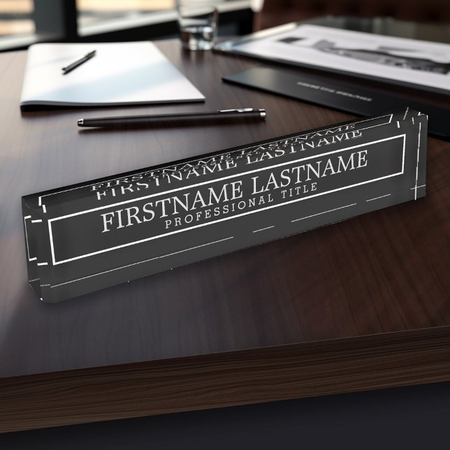 Black White Classy Border Name Professional Title Desk Name Plate (Personalized Name Plate - Custom Logo Executive Desk Plate with Name and Professional Title)
