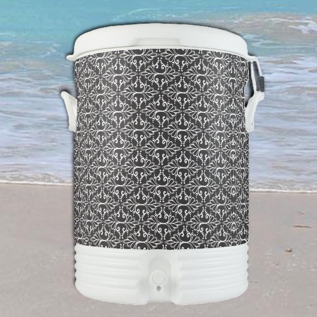 Black White Classy Damask Pattern Ornate Scrolls Beverage Cooler (Classy black and white damask pattern with ornate white scrolls on Igloo beverage cooler.)