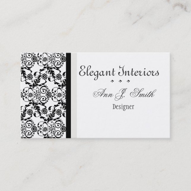 Black White Classy Elegant Damask Floral Business Card (Front)