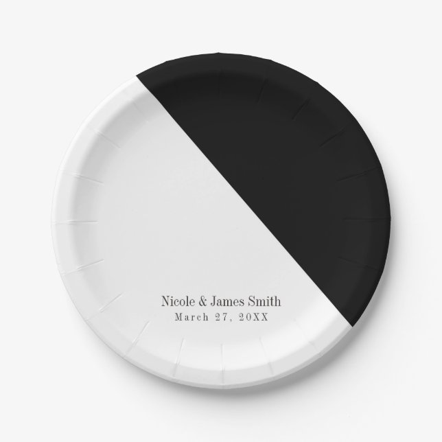 Black & White Classy Triangle Wedding Reception Paper Plates (Front)