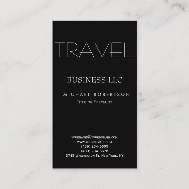 Black White Clean Travel Agent Business Cards (Front)