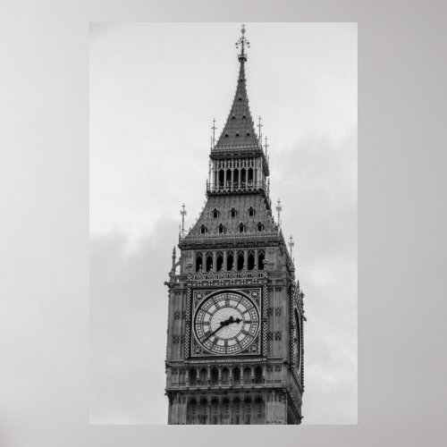 Black White Close up Big Ben Clock Tower London Poster