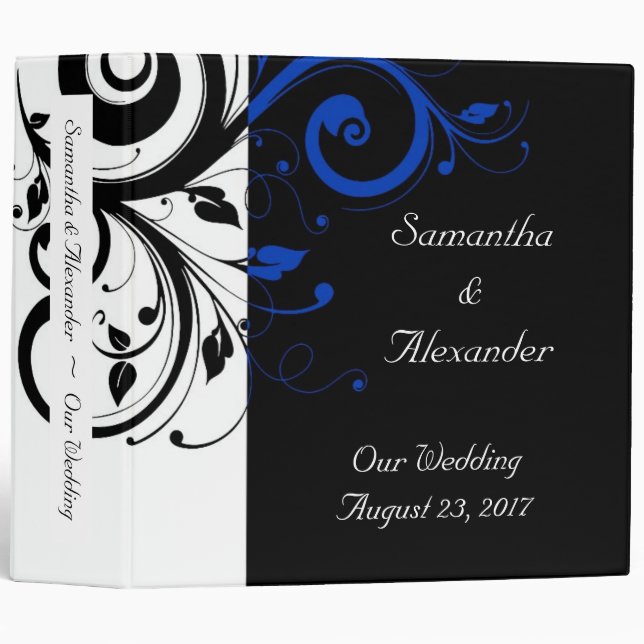 Black/White/Cobalt Blue Bold Swirl Wedding Binder (Front/Spine)