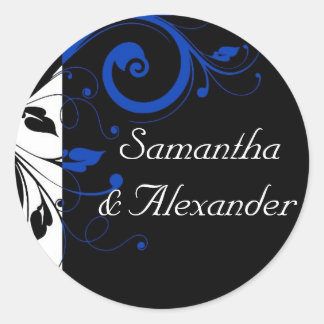 Black/White/Cobalt Blue Bold Swirl Wedding Classic Round Sticker