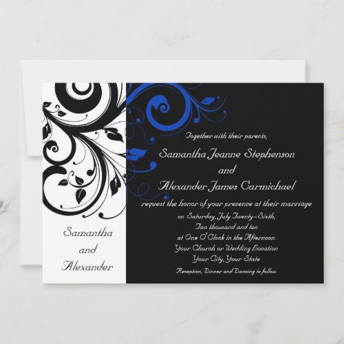 Black/White/Cobalt Blue Bold Swirl Wedding Card