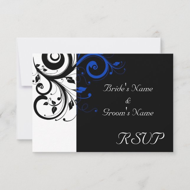 Black/White/Cobalt Blue Bold Swirl Wedding RSVP Card (Front)