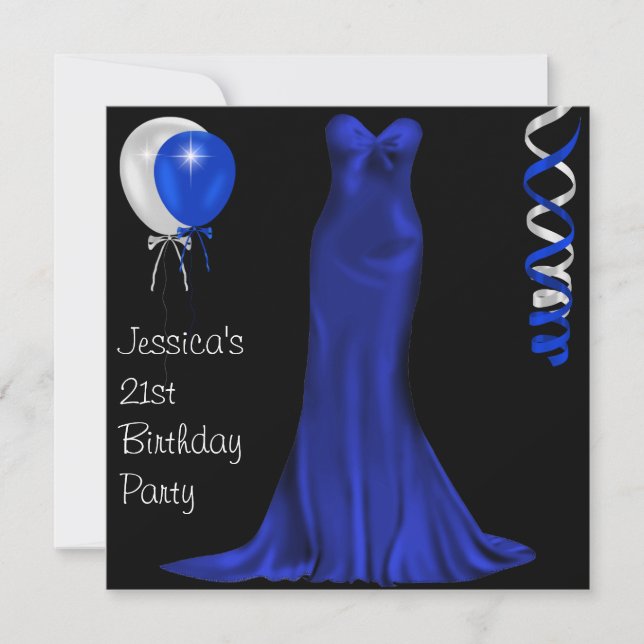 Black White Cobalt Formal Dress 21st Birthday Invitation (Front)