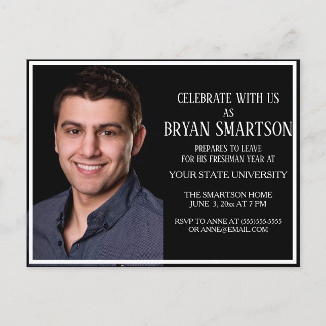 Black White College Trunk Party Photo Invitation Postcard (Front)