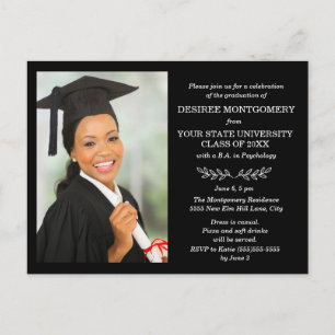 Black White College University Photo Graduation Invitation Postcard