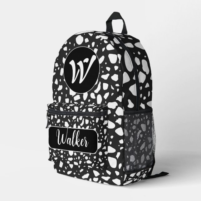 Black & White Color - Initial Name & Monogrammed Printed Backpack (Back Corner Right)