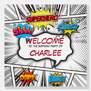 Black White Comic Book Birthday Party Welcome Sign