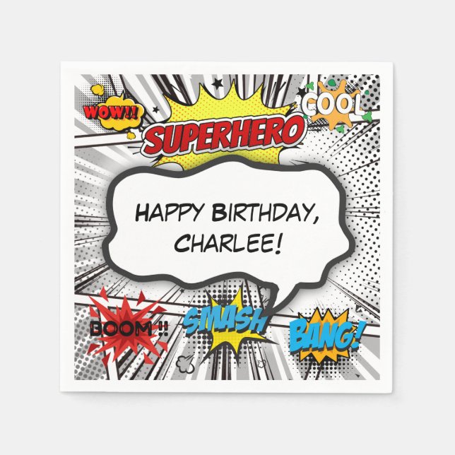 Black & White Comic Book Superhero Birthday Party Napkins (Front)