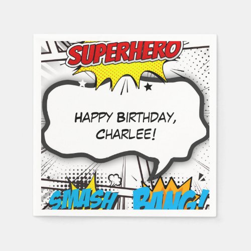 Black  White Comic Book Superhero Birthday Party Napkins