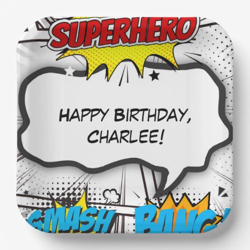 Black  White Comic Book Superhero Birthday Party Paper Plates