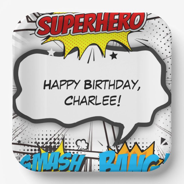 Black & White Comic Book Superhero Birthday Party Paper Plates (Front)