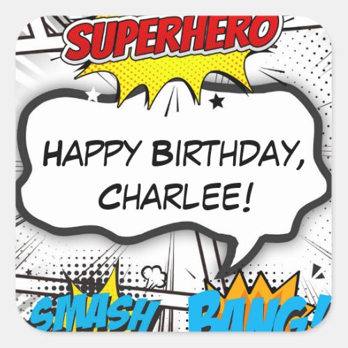 Black  White Comic Book Superhero Birthday Party Square Sticker