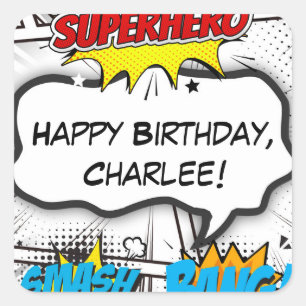 Black & White Comic Book Superhero Birthday Party Square Sticker