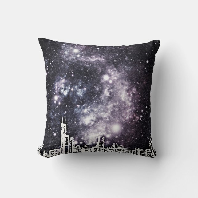 Black & White Comic Style City Skyline Starry Sky Throw Pillow (Front)