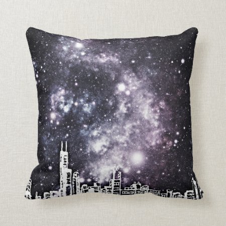 Black & White Comic Style City Skyline Starry Sky Throw Pillow
