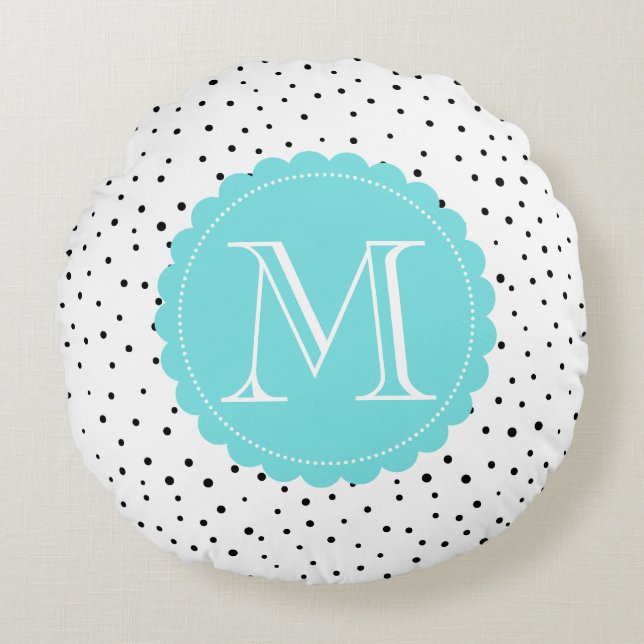 Black & White Confetti Dots Blue Monogram Round Round Pillow (Front)