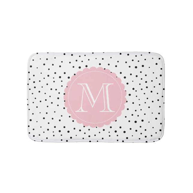 Black & White Confetti Dots Blush Monogram Bathroom Mat (Front)