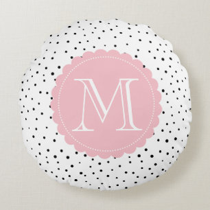 Black & White Confetti Dots Blush Monogram Round Pillow