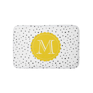 Black & White Confetti Dots Bright Yellow Monogram Bathroom Mat