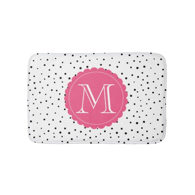 Black & White Confetti Dots Hot Pink Monogram Bathroom Mat (Front)