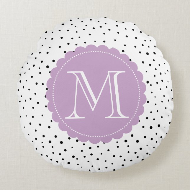 Black & White Confetti Dots Lilac Monogram Round Pillow (Front)