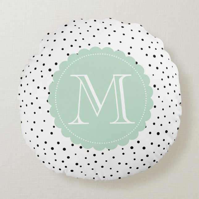 Black & White Confetti Dots Mint Green Monogram Round Pillow (Front)