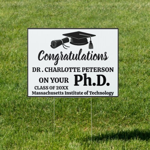 Black  White Congratulation PhD Graduation Yard  Sign