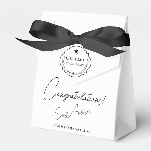 Black & White Congratulations Graduate Graduation Favor Boxes (Front Side)
