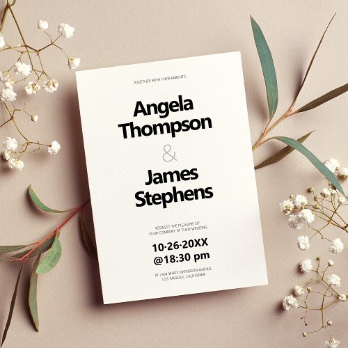 Black white contemporary minimal bold font wedding invitation