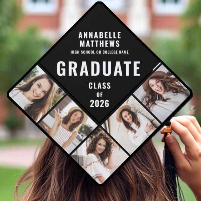 Black White Contemporary Modern Multi Photo Graduation Cap Topper (Black White Contemporary Modern Multi Photo Graduation Cap Topper)