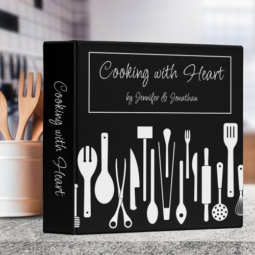 Black  White Cooking with Heart Couples Recipe 3 Ring Binder