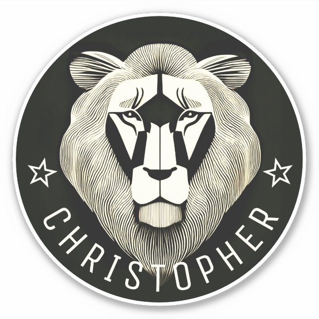     Black & White Cool Modern Old Lion Custom Name Sticker (Front)