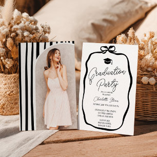 Black White Coquette Bow photo graduation Invitation