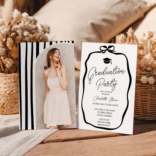 Black White Coquette Bow photo graduation Invitation (Black White Coquette Bow photo graduation Invitation)