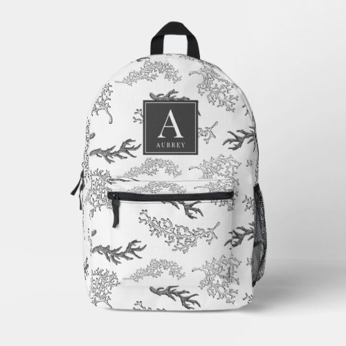 Black  White Coral Pattern Monogram Printed Backpack