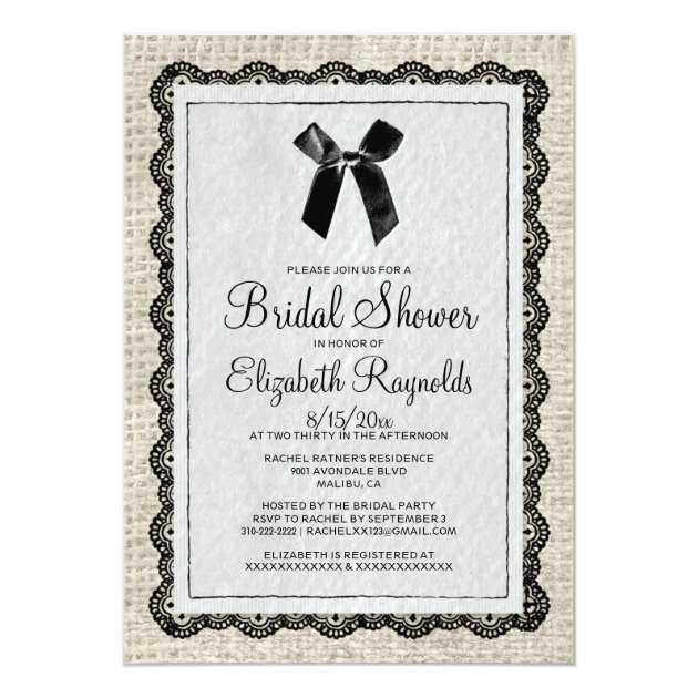 Black White Country Burlap Bridal Shower Invites