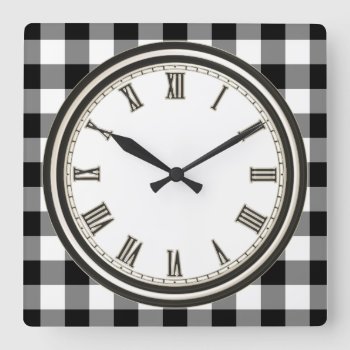 Black White Country Check Pattern Kitchen Clock by DoodlesGifts at Zazzle
