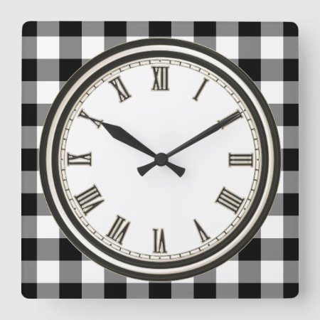 Black White Country Check Pattern Kitchen Clock