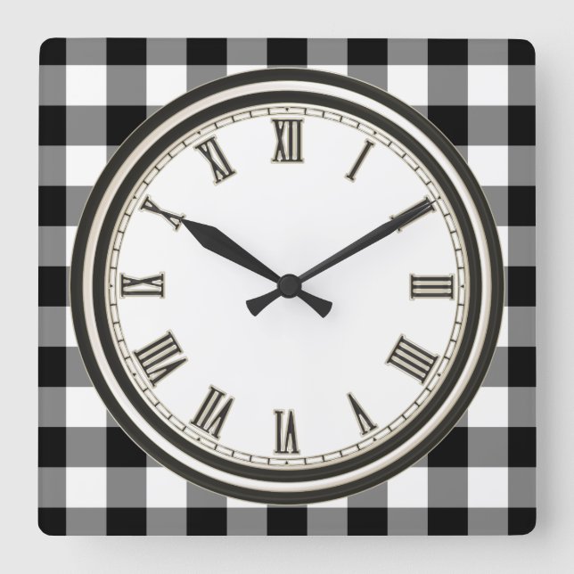 Black white Country check pattern kitchen clock (Front)